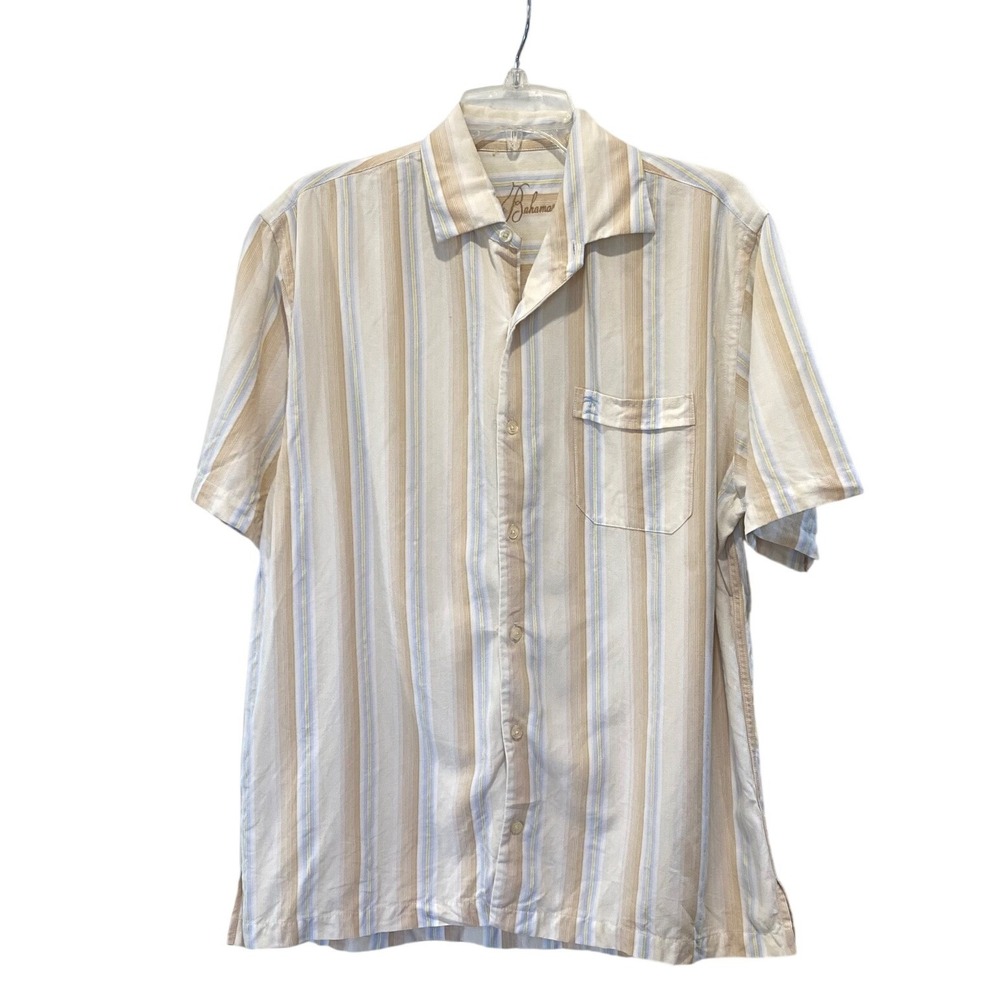 Vintage Tommy Bahama Mens Medium Striped Short Sleeve Button Down Shirt Tan Blue